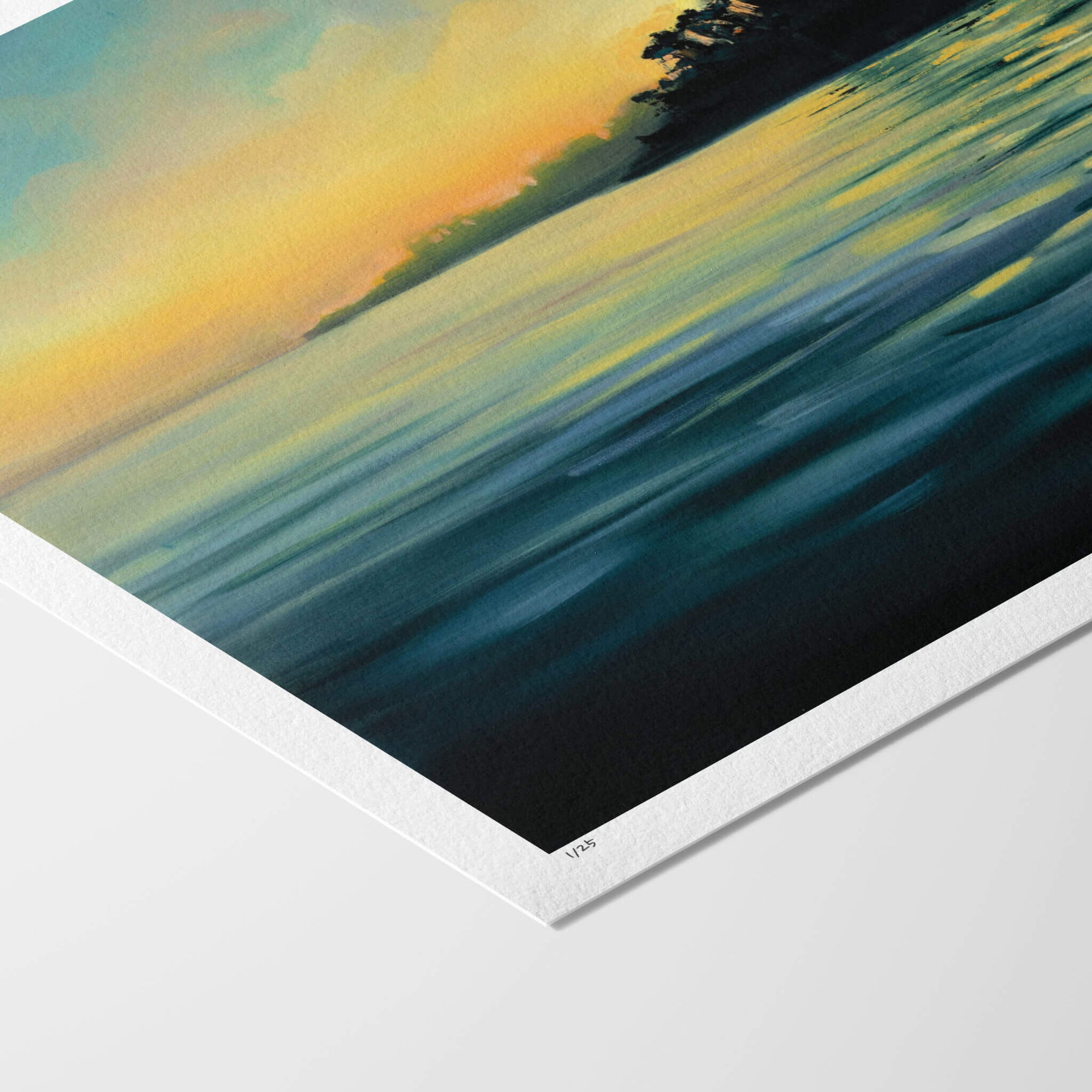Fine art paper print with white border of river landscape painting at sunset