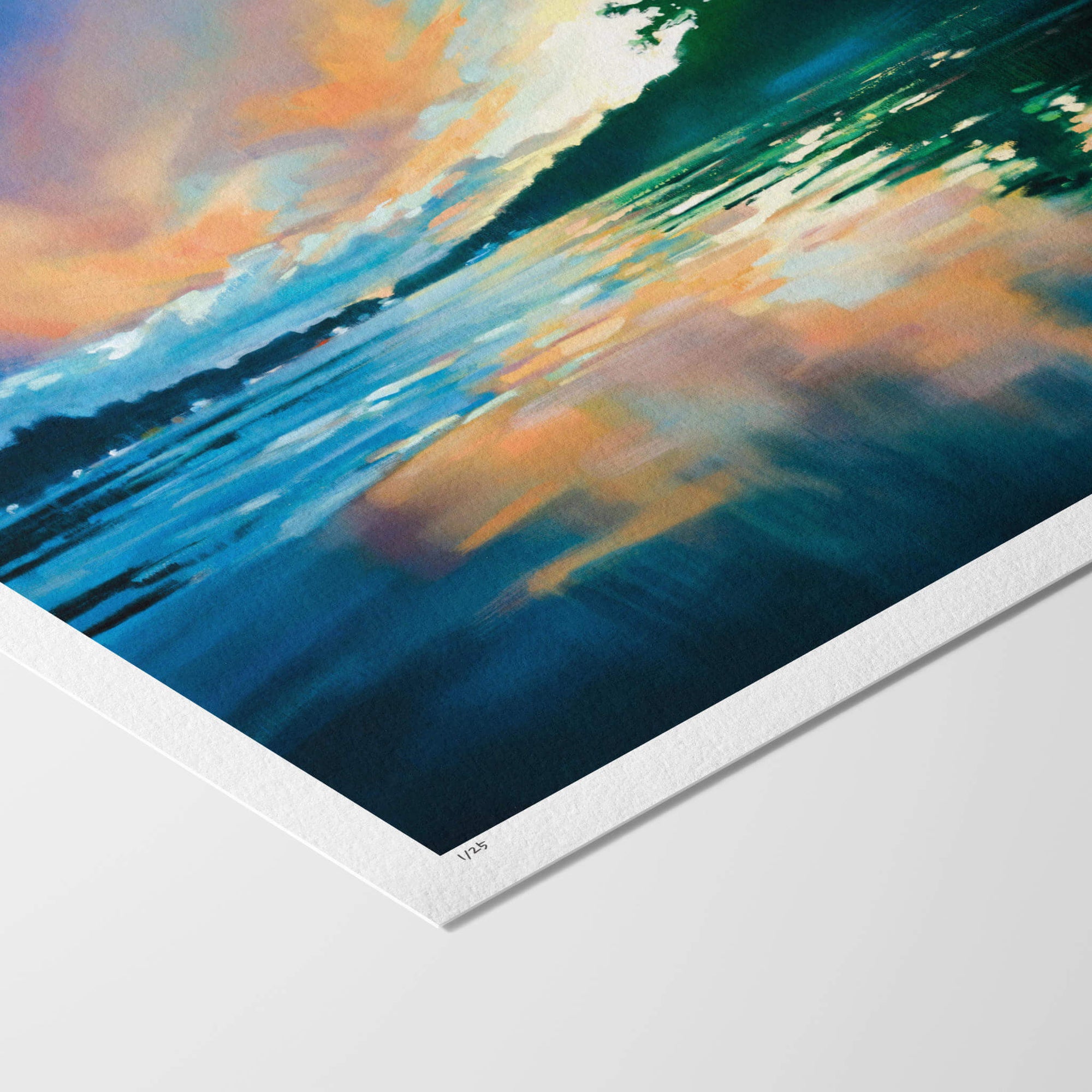 Fine art paper print with white border of a sunset over water with vibrant colors.