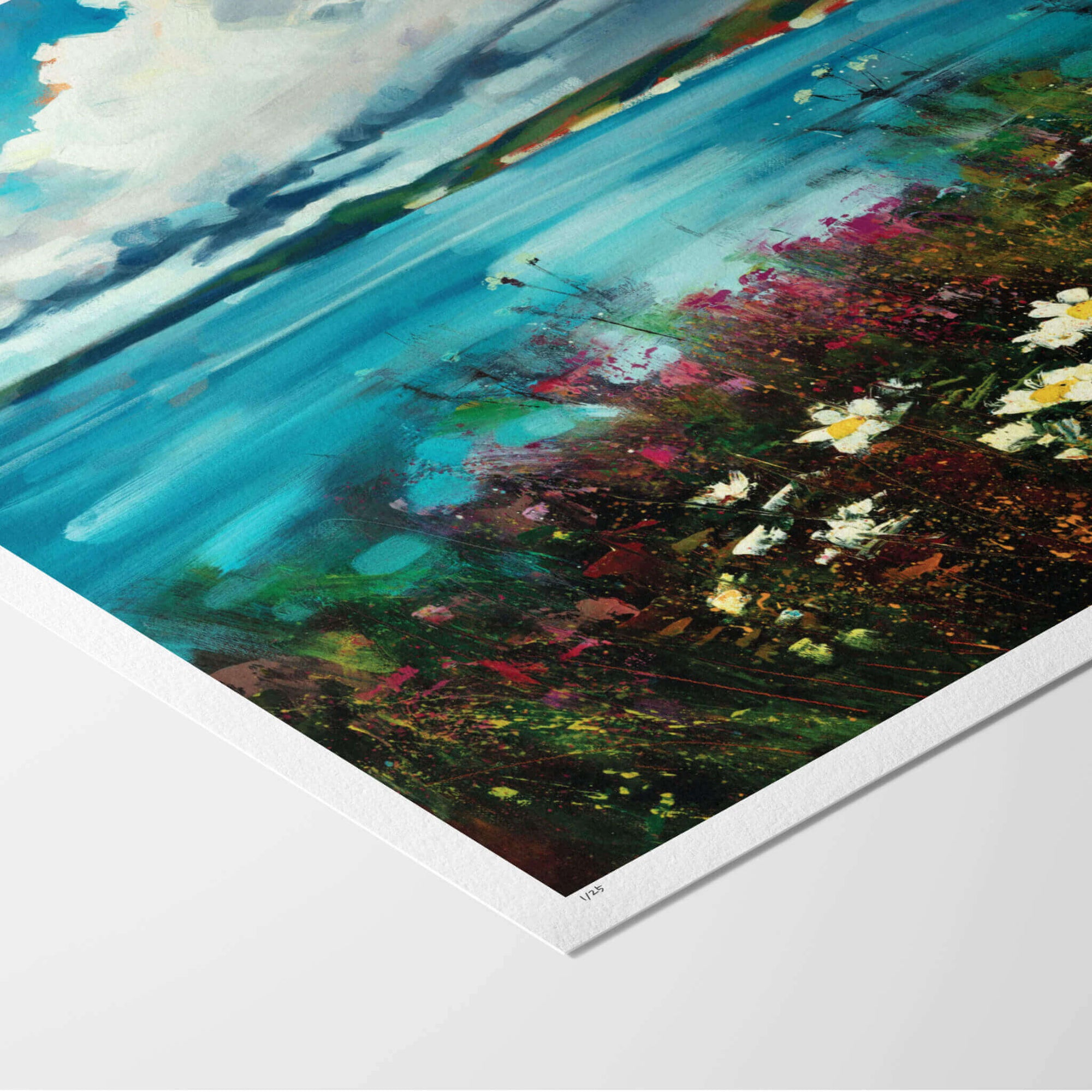 Fine art paper print with white border of seascape painting with daisies and coastal sea flowers