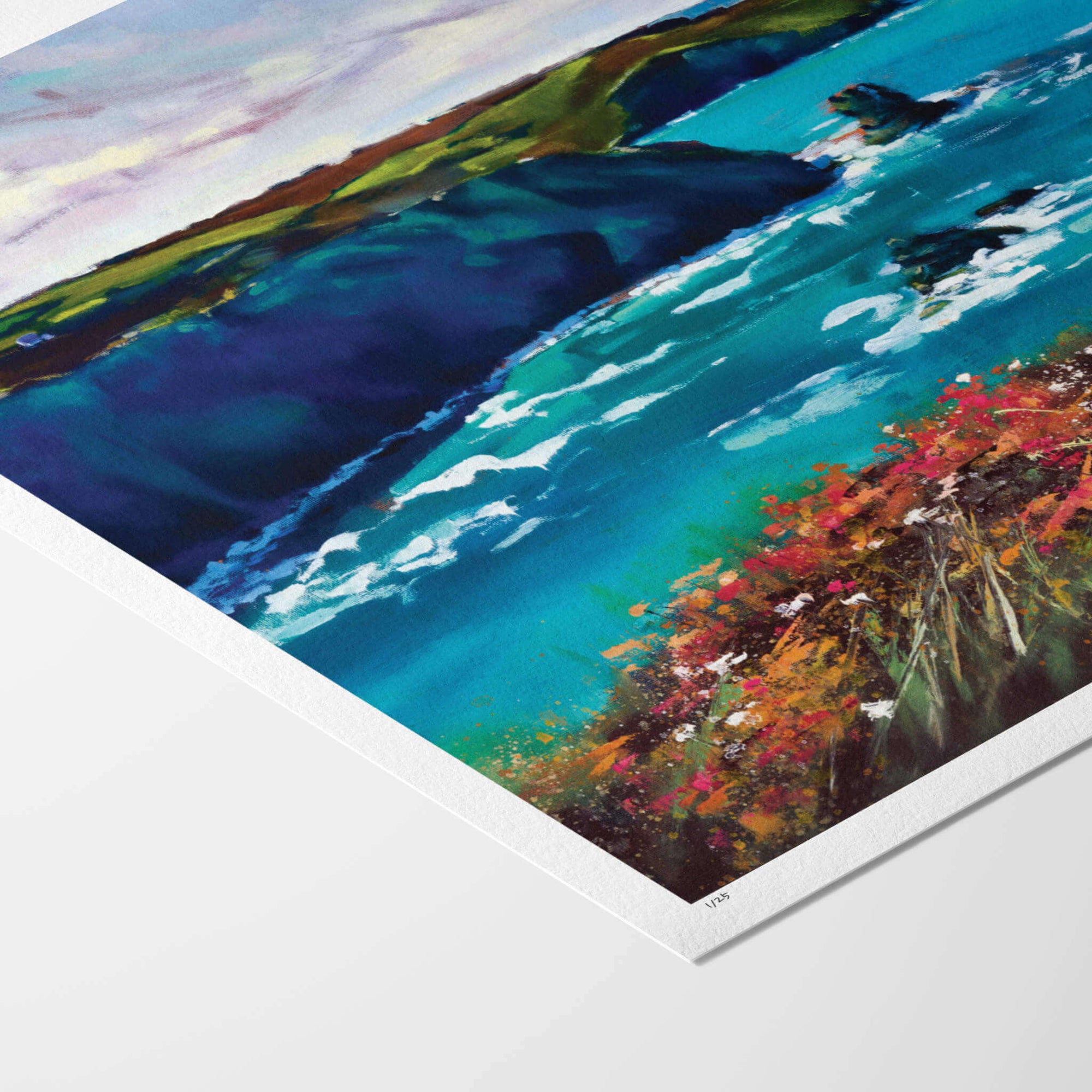 Fine art paper print with white border of coastal painting with sea flowers, cliffs and turquoise sea