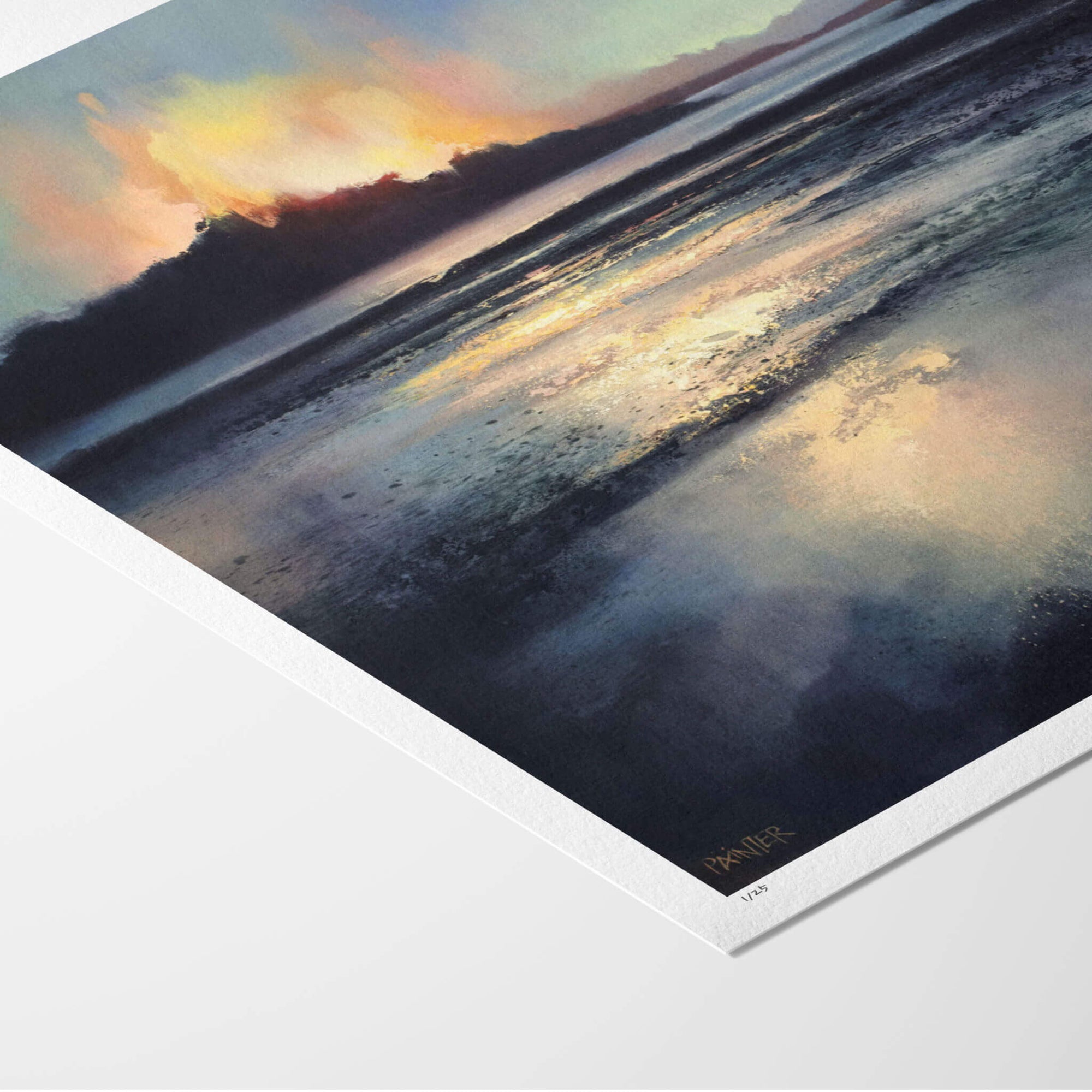 Fine art paper print with white border of a sunset over water with a white border
