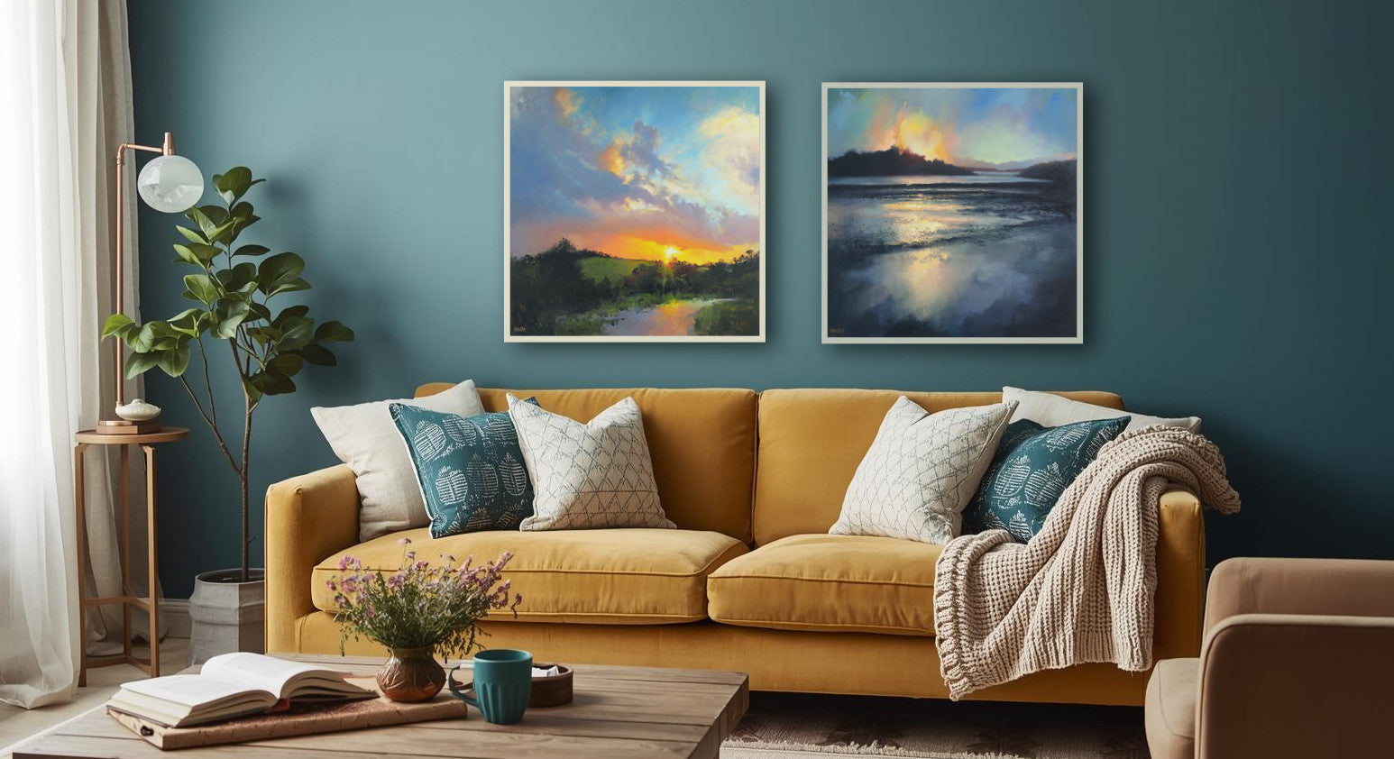 Contemporary landscape paintings by Cornish artist Rachel Painter, in traditional meets boho living room with a mustard sofa, dark teal walls, armchair, and coffee table.