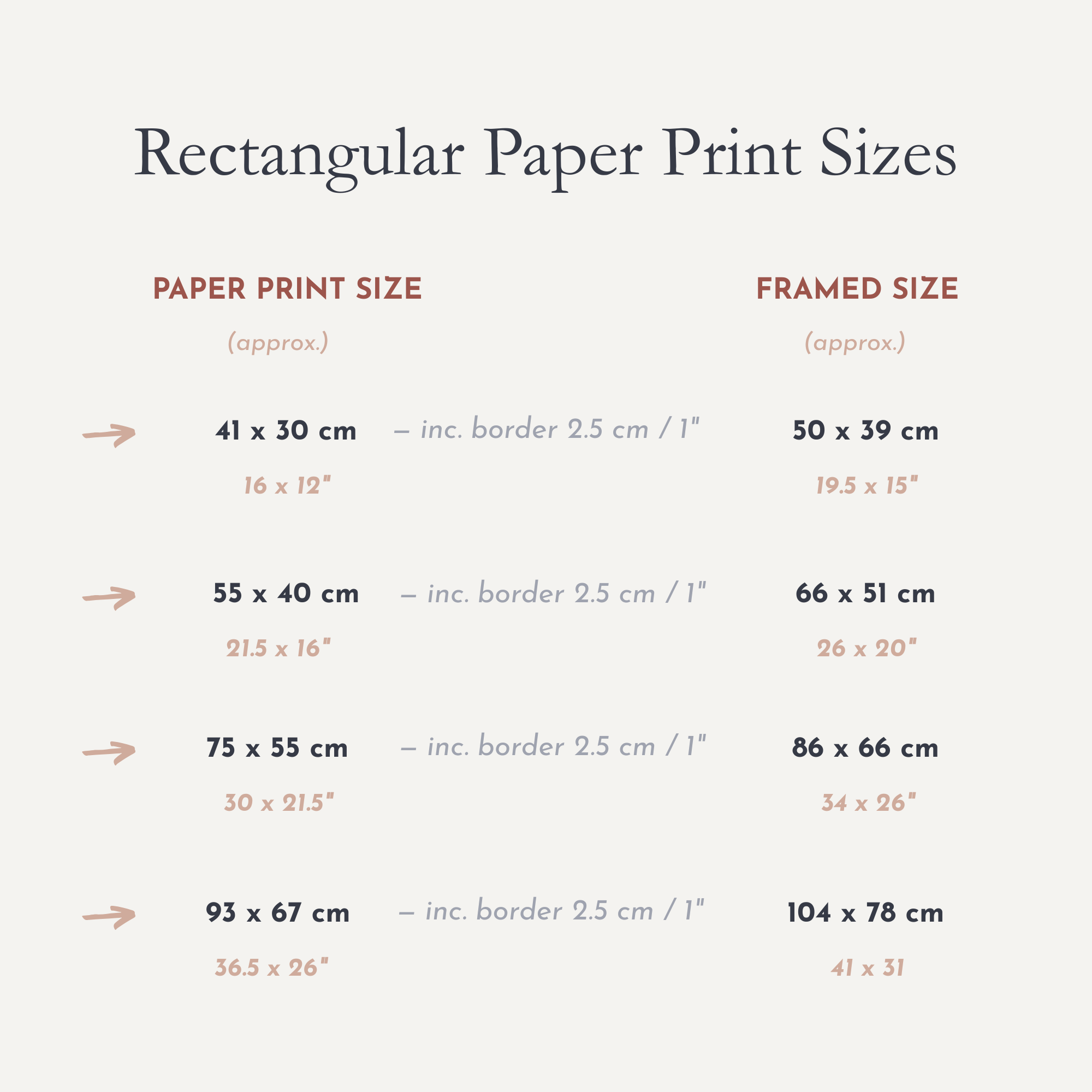 Chart showing rectangular paper print sizes and their corresponding framed sizes.