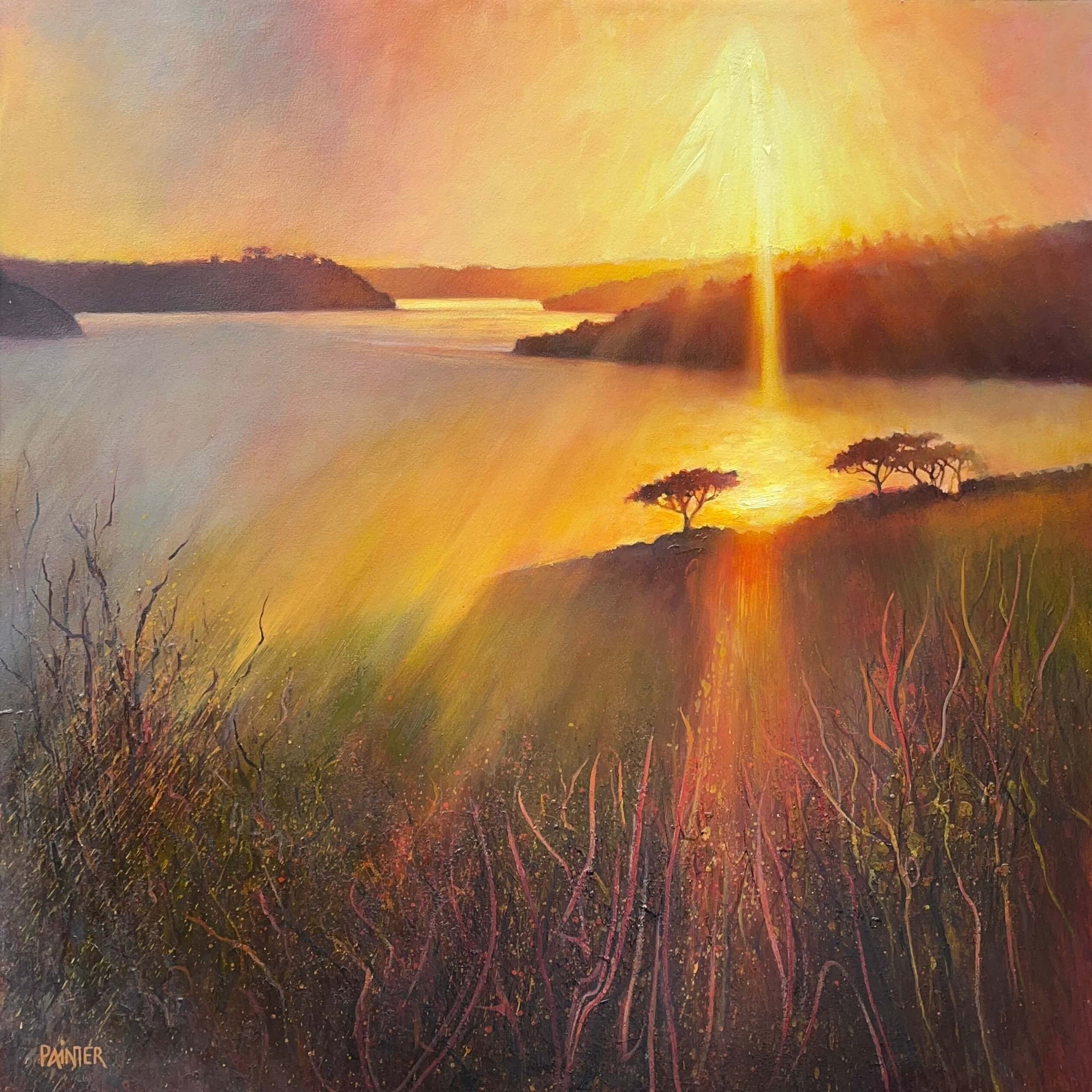 Warm red painting of a sunset over a lake with trees, inspired by the Helford River in Cornwall by Rachel Painter