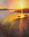 Warm red painting of a sunset over a lake with trees, inspired by the Helford River in Cornwall by Rachel Painter