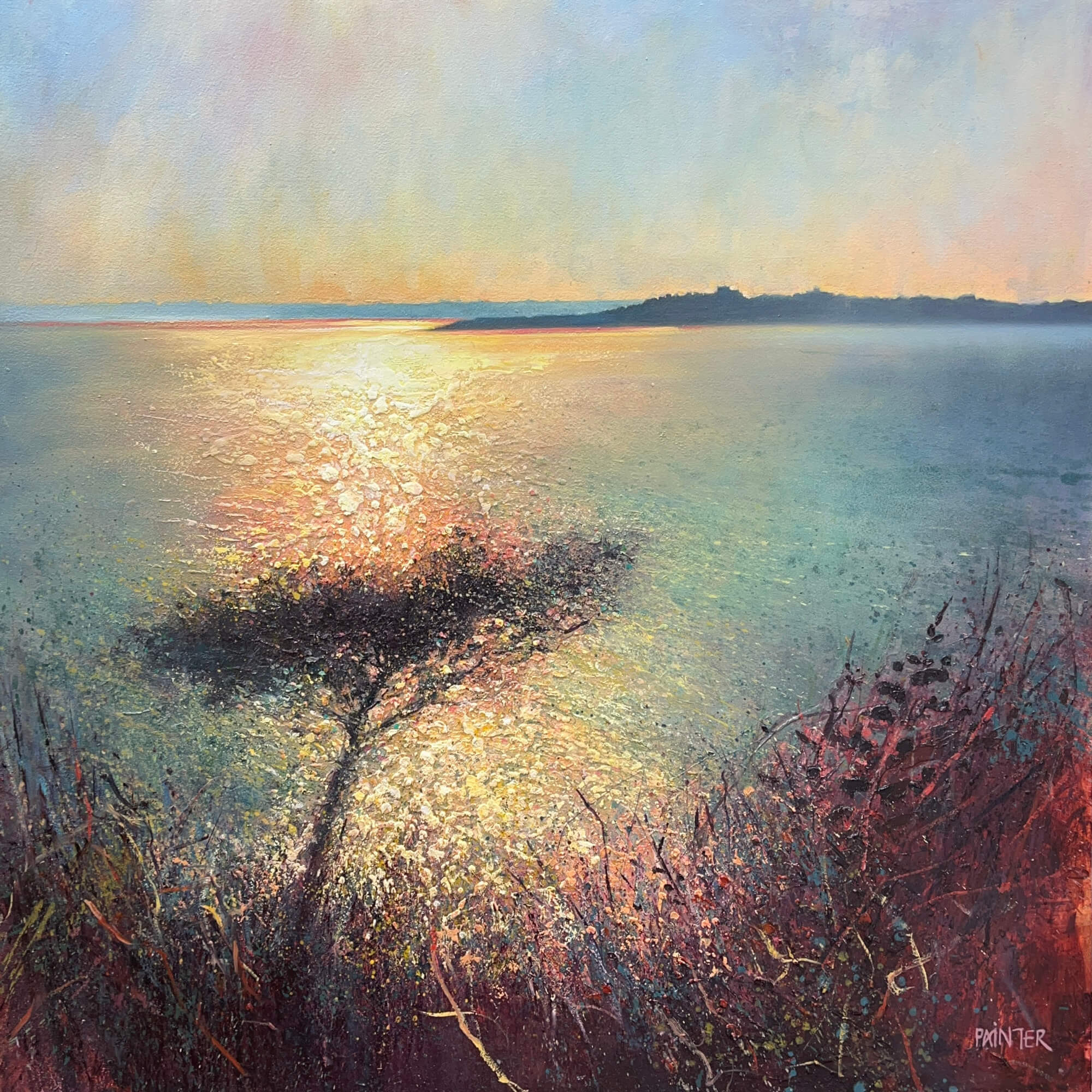 Painting of a tree near St. Antony's Ligthhouse, St Mawes, before the sea looking towards Famouth with a colourful sky. Painted by Rachel Painter