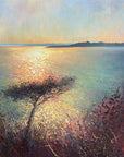 Painting of a tree near St. Antony's Ligthhouse, St Mawes, before the sea looking towards Famouth with a colourful sky. Painted by Rachel Painter