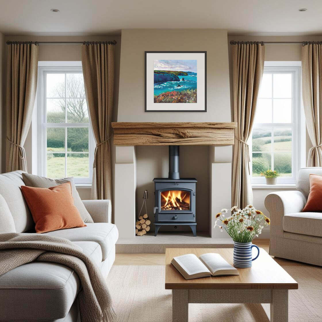 Cozy living room with fireplace, curtains, and a painting.