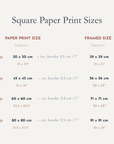 Chart showing square paper print sizes and their corresponding framed sizes.