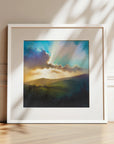 Come Up Here No.1, framed artwork in white of colourful sunset casting shadows over Exmoor National Park by contemporary artist Rachel Painter