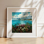 Be Free, framed landscape prints in white wood ready hang of the Cornish coast near Porthleven with rugged cliffs, sea flowers overlooking the ocean by Cornwall artist Rachel Painter