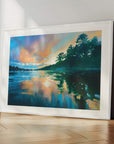 Paved In Light No.3, white framed Cornish seascape prints of Helford River in Cornwall at sunset with trees reflecting on water by Cornwall artist Rachel Painter