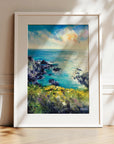 Wild & Free, Cornish art print of seascape landscape near Porthleven with rocky cliffs, sea flowers and blue sky overlooking the ocean, framed art print in white wood ready to hang by Cornish artist Rachel Painter