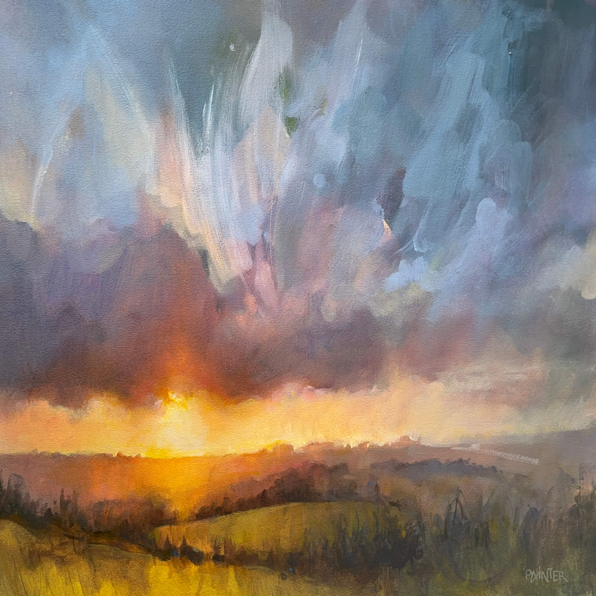 Painting of a sunset over a landscape with colourful light-filled clouds by Rachel Painter